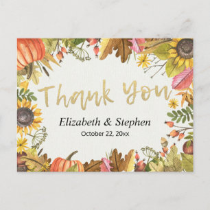 Autumn Fall Maple Leaves Pumpkin Wedding Thank You Postcard