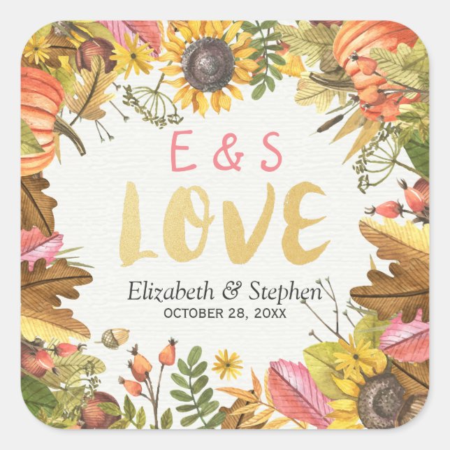 Autumn Fall Maple Leaves Pumpkin Wedding Thank You Square Sticker (Front)