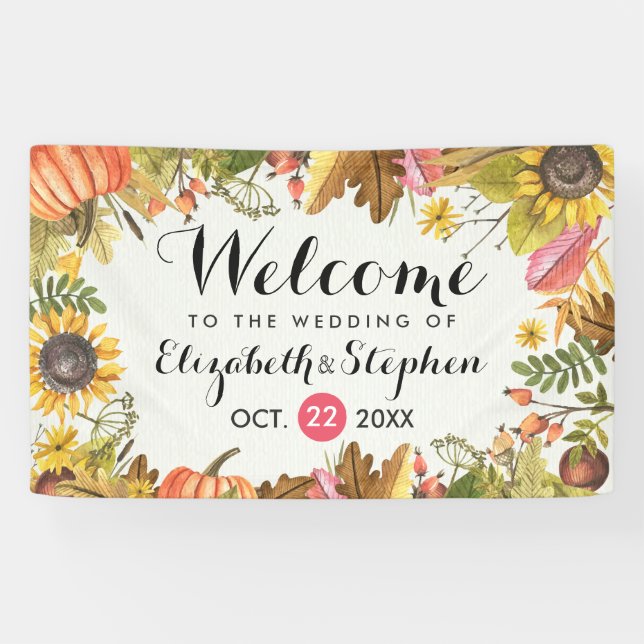 Autumn Fall Maple Leaves Pumpkin Wedding Welcome Banner (Horizontal)
