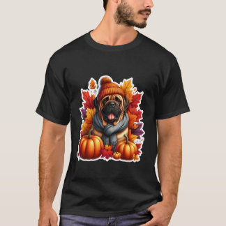 Autumn Fall Mastiff Dog Owner Lover Pumpkin Leaves T-Shirt