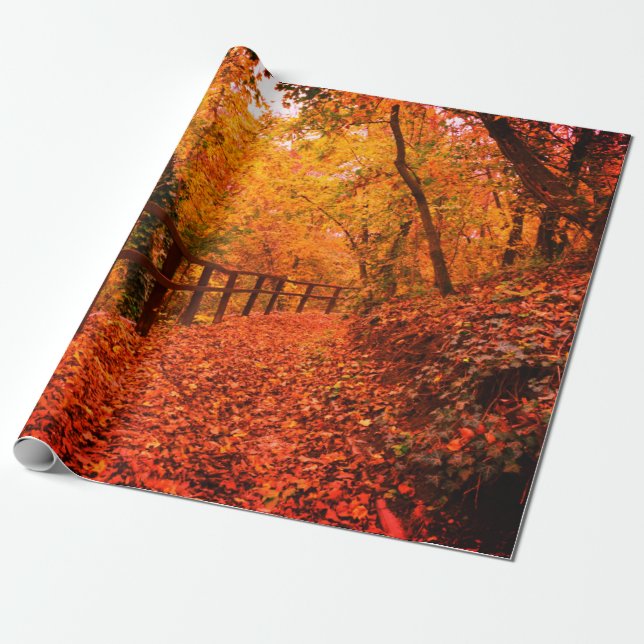 Autumn Fall Modern Gift Wrap Leaves Orange (Unrolled)