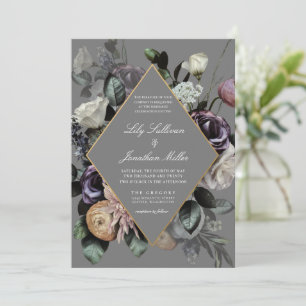 Autumn Fall Moody Floral Frame Purple Grey Wedding Invitation