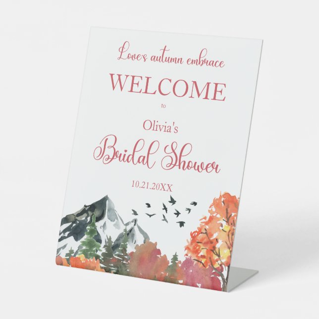 Autumn Fall Mountain Forest Bridal Shower Welcome Pedestal Sign (Front)