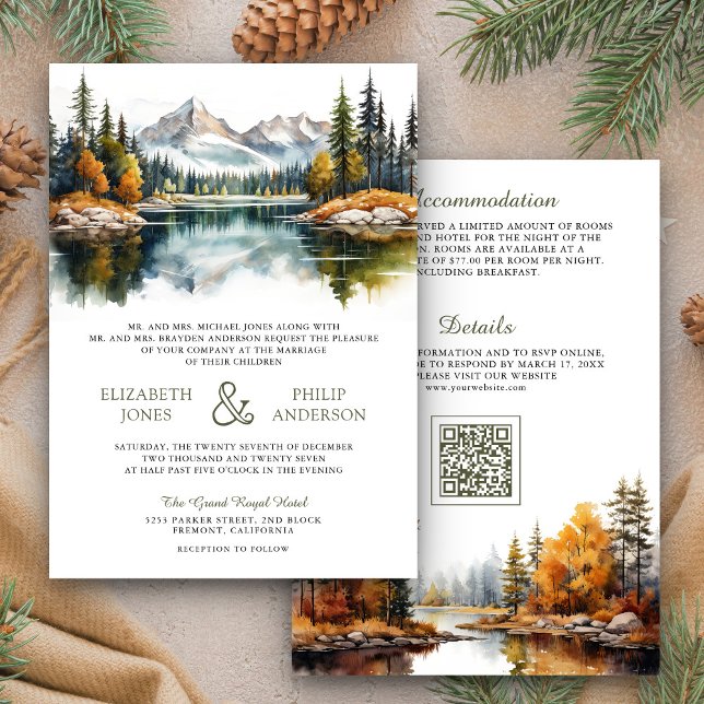 Autumn Fall Mountain Forest Lake QR Code Wedding Invitation (Creator Uploaded)