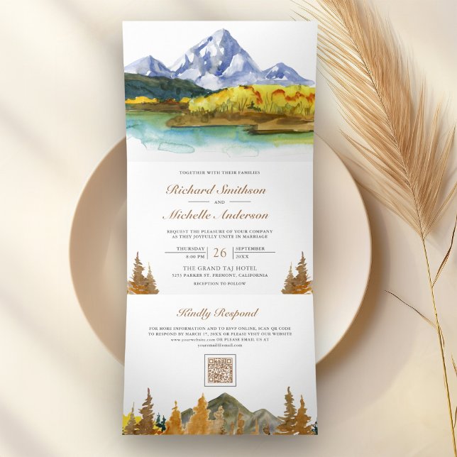 Autumn Fall Mountain Forest Lake QR Code Wedding Tri-Fold Invitation (Creator Uploaded)