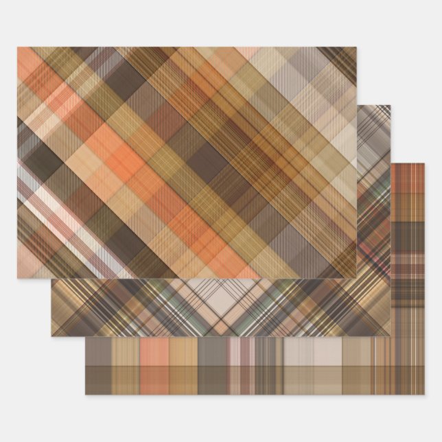 Autumn Fall Orange Brown Chequered Plaid Tartan Wrapping Paper Sheet (Set)