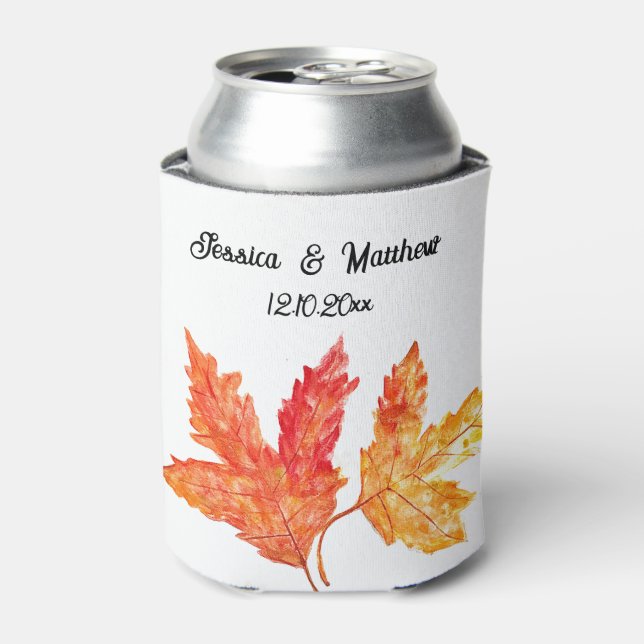 Autumn Fall Orange Leaves Watercolor Wedding Can Cooler (Can Front)