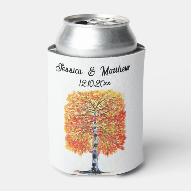 Autumn Fall Orange Leaves Watercolor Wedding Can Cooler (Can Front)
