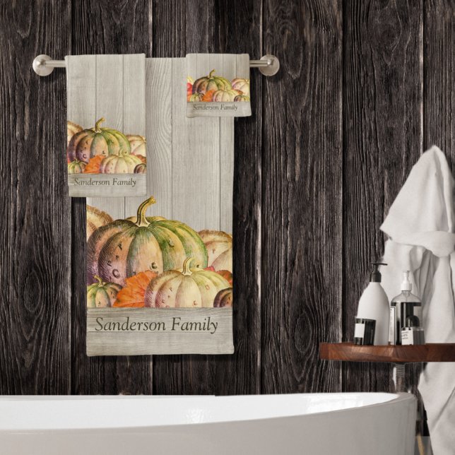 Autumn Fall Orange Pumpkin Rustic Cute Wood Bath T Bath Towel Set (Creator Uploaded)