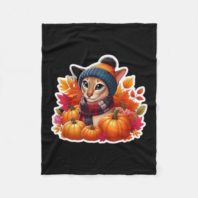Autumn Fall Oriental Shorthair Cat Owner Thanksgiv Fleece Blanket (Front)