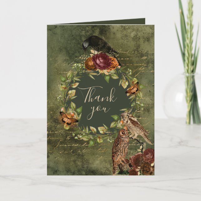 Autumn Fall Owl Raven Woodland Thank You Card (Front)
