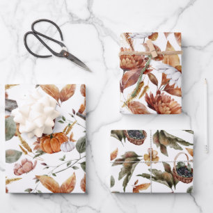Autumn Fall Patterns in Terracotta, Green, Rust Wrapping Paper Sheet