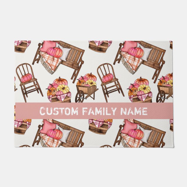 Autumn Fall Pink Pumpkin Door Mat (Front)
