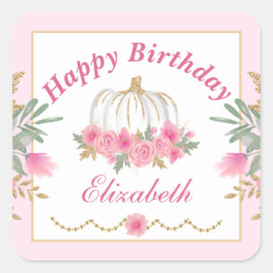 Autumn Fall Pink Pumpkin Gold Happy Birthday Square Sticker
