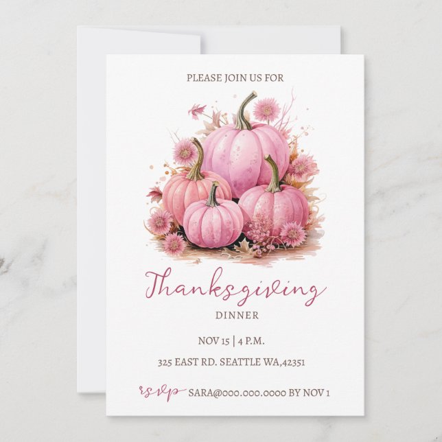 Autumn Fall Pink Pumpkins Thanksgiving Dinner Invitation (Front)