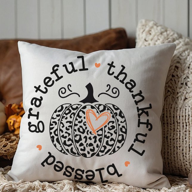 Autumn, Fall Pumpkin Cushion (An Autumn themed throw pillow featuring the phrase, grateful, thankful, blessed.)