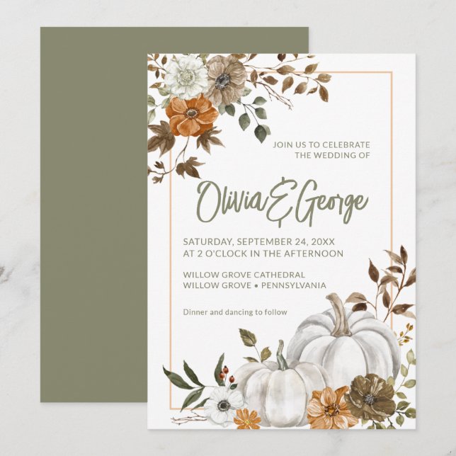 Autumn Fall Pumpkin Floral Frame Invitation (Front/Back)