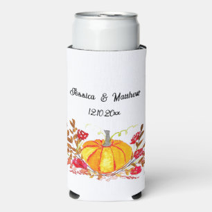Autumn Fall Pumpkin Leaves Watercolor Wedding Seltzer Can Cooler