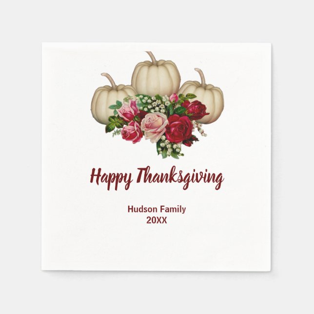 Autumn Fall Pumpkin Maroon Roses Thanksgiving Napkin (Front)