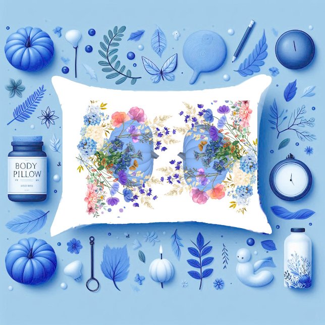 Autumn Fall Pumpkin Pastel Blue Botanical Floral   Pillowcase (Autumn Fall Pumpkin Pastel Blue Botanical Floral Pillow Case)