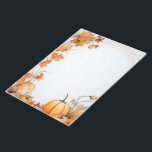 Autumn / Fall pumpkins and leaves unlined note pad<br><div class="desc">This unlined notepad features a beautiful autumn inspired design with hand painted style pumpkins and swirling fall leaves in warm orange tones. The charming border creates a cosy, seasonal atmosphere perfect for letter writing, jotting down notes, or organising to do lists. Celebrate the harvest season with every use, adding a...</div>