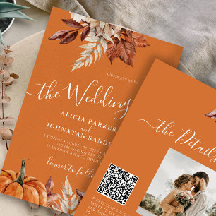 Autumn fall QR code botanical rust orange wedding Invitation