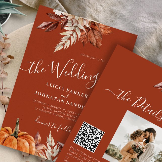 Autumn fall QR code botanical terracotta wedding Invitation (Creator Uploaded)
