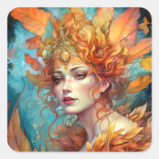 Autumn Fall Queen Goddess Fantasy Art Square Sticker (Front)