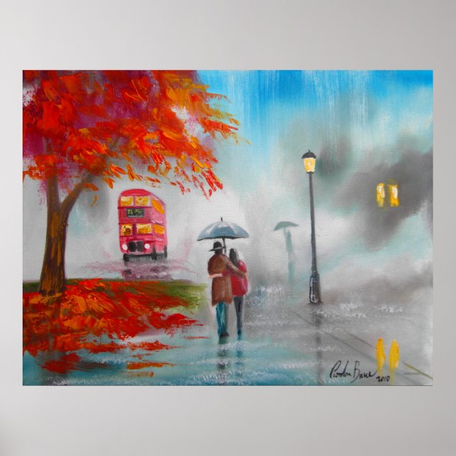 Autumn fall rainy day red bus couple poster (Front)