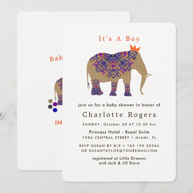 Autumn Fall Rustic Colour Cute Elephant Baby Showe Invitation (Front/Back)
