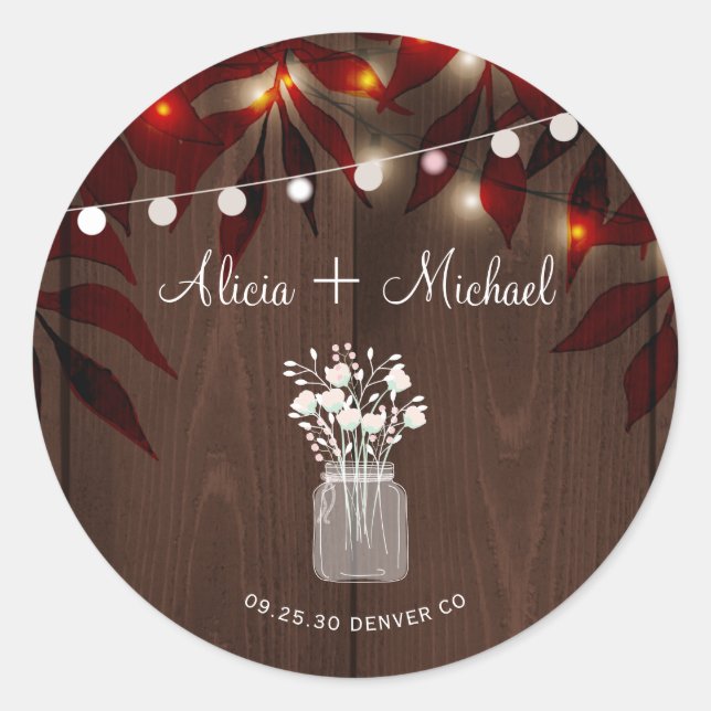 Autumn fall rustic country  barn wood wedding classic round sticker (Front)