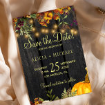 Autumn fall rustic country wood wedding save the date<br><div class="desc">Rustic elegant fall wedding stylish save the date template card on dark brown barn wood background featuring rusty burnt orange botanical bouquets with pumpkin, foliage, and dried leaves. Easy to personalise with your details! The invitation is suitable for elegant end of summer or autumn fall rustic country farmhouse outdoor backyard...</div>