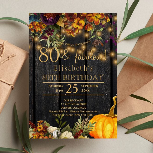 Autumn fall rustic floral chic 80 fabulous years invitation (Creator Uploaded)