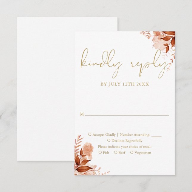Autumn Fall Rustic Floral Chic Gold Wedding RSVP Card (Front/Back)