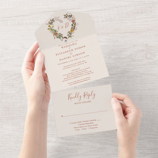 Autumn Fall Rustic Floral Details RSVP Wedding All In One Invitation (Tearaway)