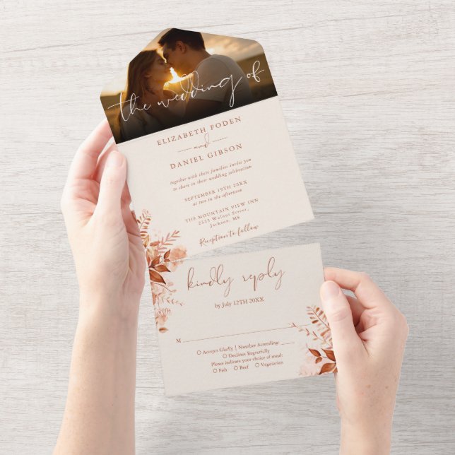 Autumn Fall Rustic Floral Wedding Photo All In One Invitation (Tearaway)