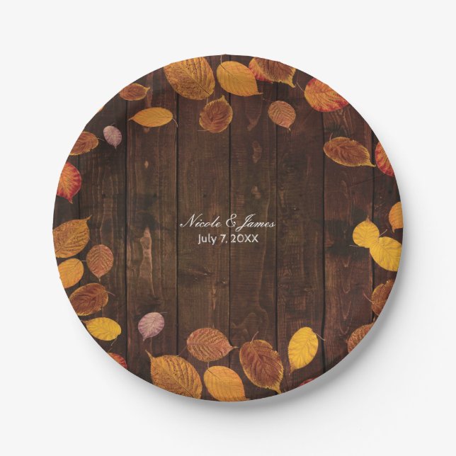 Autumn Fall Rustic Golden Leaves on Wood Wedding Paper Plate (Front)
