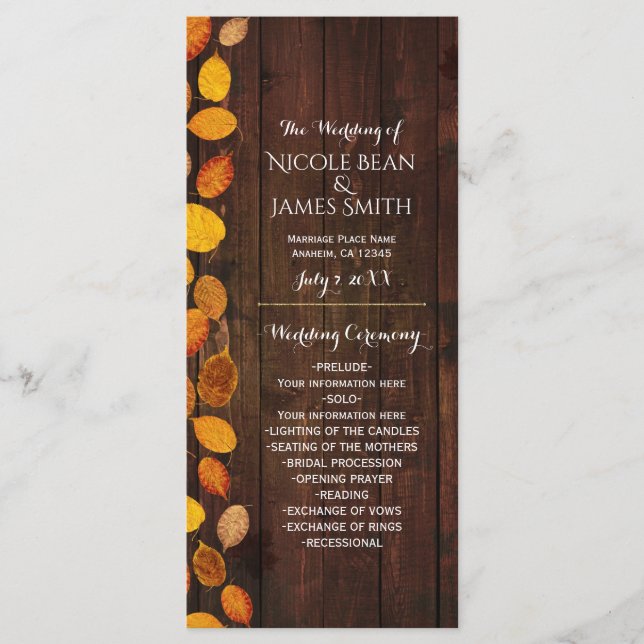 Autumn Fall Rustic Golden Leaves Wedding Program Programme (Front)