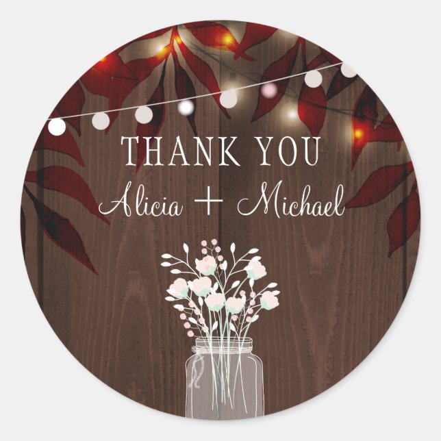 Autumn fall rustic wedding thank you personalised classic round sticker (Front)
