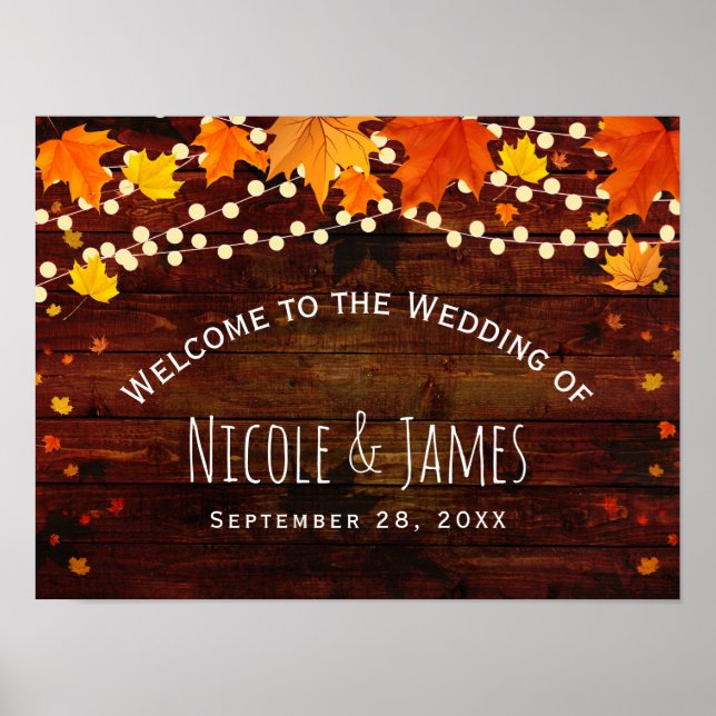 Autumn Fall Rustic Wood & String Lights Wedding Poster (Front)