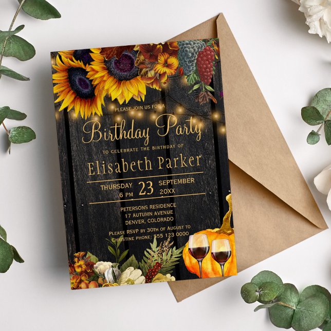 Autumn fall rustic wood sunflowers birthday party invitation (Creator Uploaded)