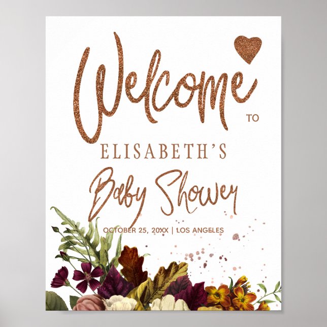 Autumn fall rusty floral baby shower welcome sign (Front)