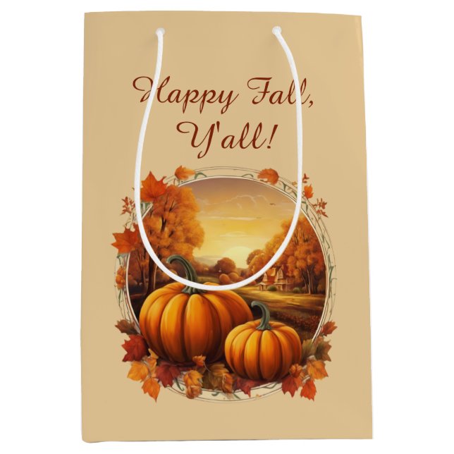 Autumn Fall Season's Pumpkin and Landscape Motif  Medium Gift Bag (Front)