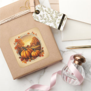 Autumn Fall Season's Pumpkin and Landscape Motif Square Sticker