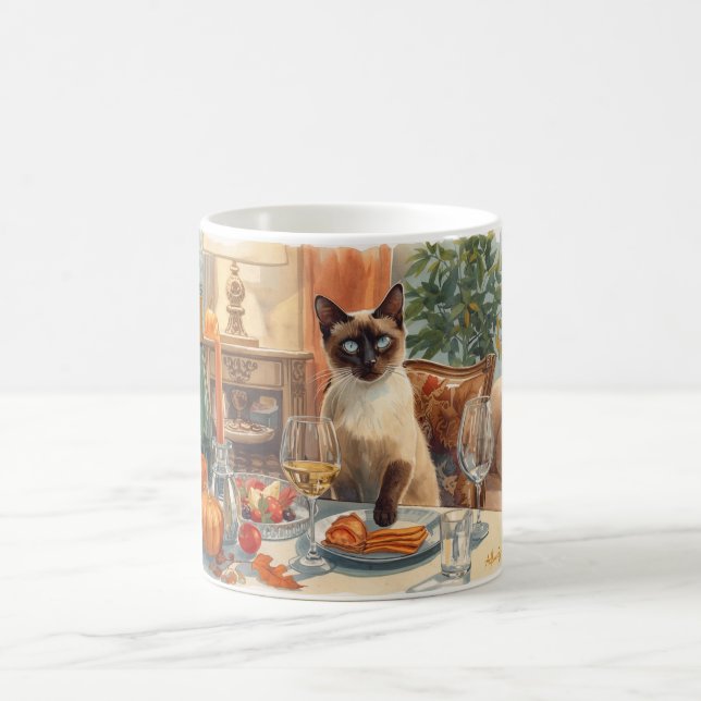 Autumn Fall Siamese Cat at dinner table Coffee Mug (Center)