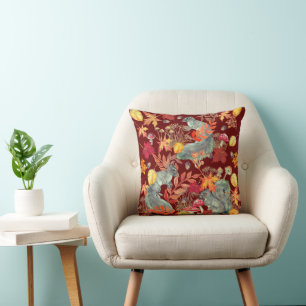 Autumn Fall Squirrel Leaf Mushroom Acorn Burgundy Cushion