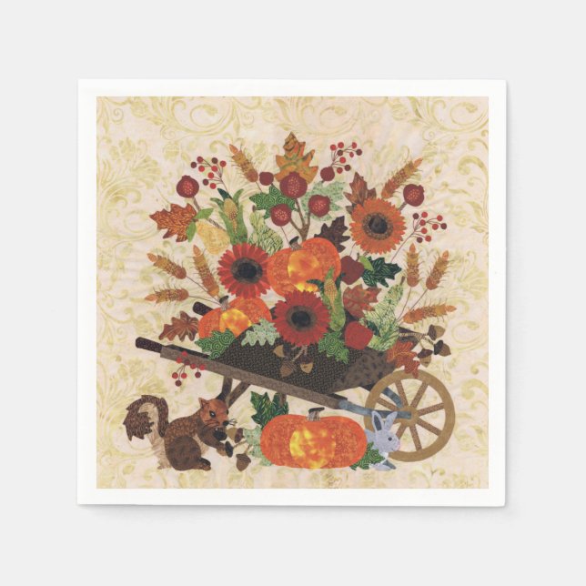 Autumn Fall Squirrel Rustic Elegant Floral Paper Napkin (Front)