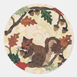 Autumn Fall Squirrel Rustic Floral Leaves Elegant Classic Round Sticker