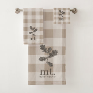 Autumn Fall Taupe Plaid Modern Foliage Monogram Bath Towel Set