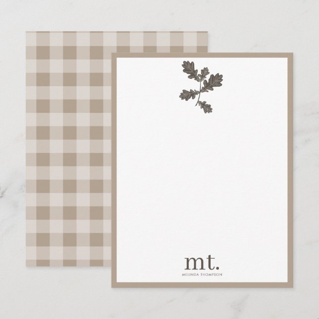 Autumn Fall Taupe Plaid Modern Foliage Monogram Card (Front/Back)